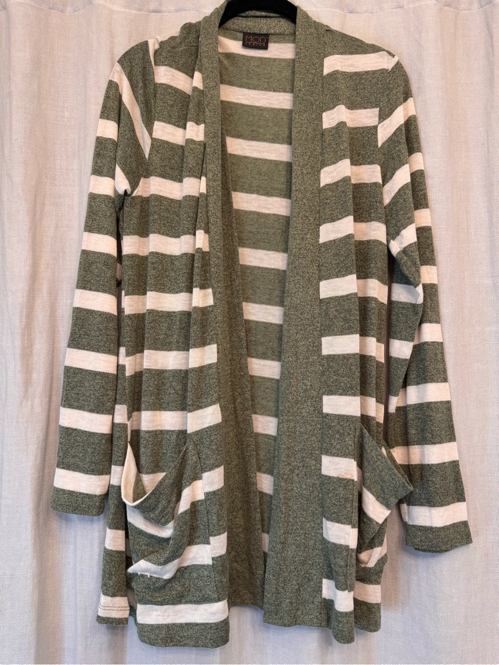 Modlusive Striped Cozy Soft Knit Duster Cardigan Jacket Green White L